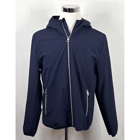 Guess Large Hooded Soft Shell Jacket Full Zip Fleece Lined Navy Blue Poly Blend - Picture 2 of 5